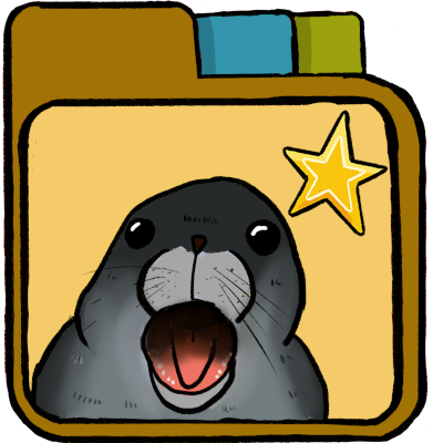 a yellow file folder with a grey seal with an open mouth and a star inside.